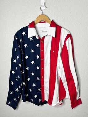 American Summer USA Flag Button Shirt XXL Patriotic Stars Stripes Red White Blue
